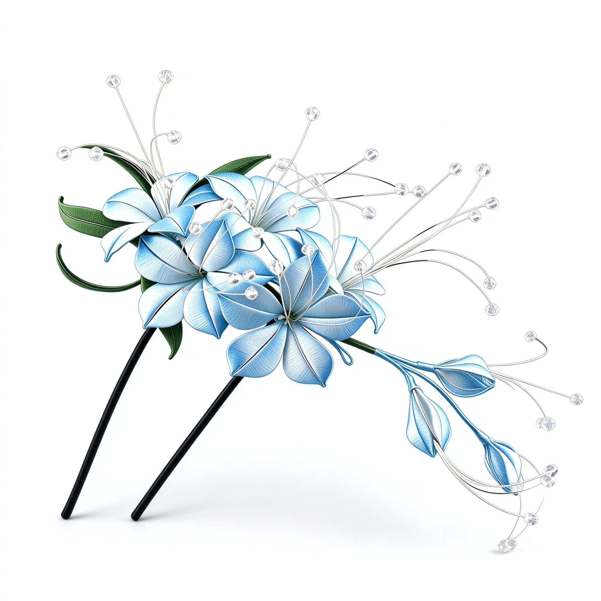 Chanhua blue trailing jasmine hairpin on a white background