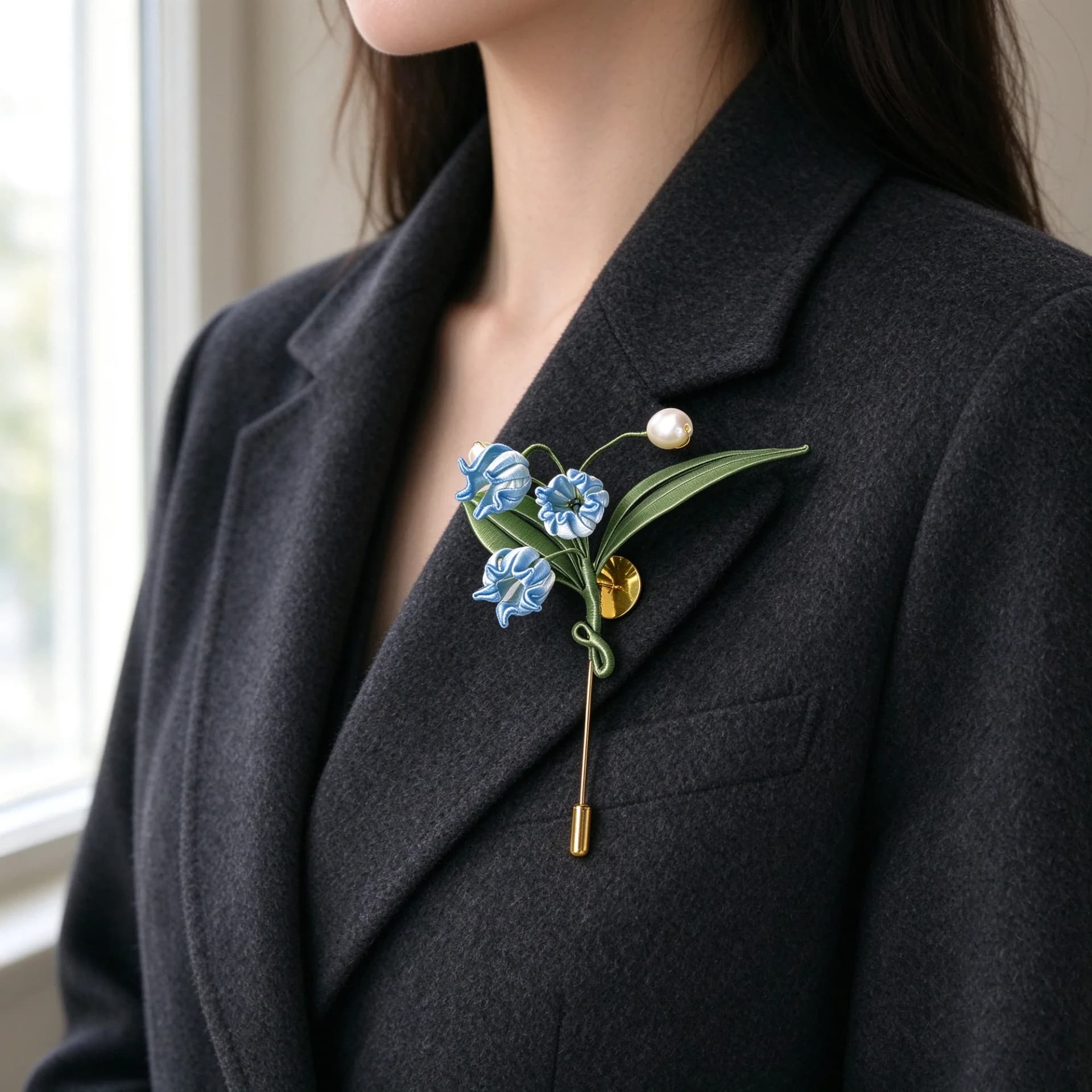 Chanhua lily of the valley brooch kit being worn