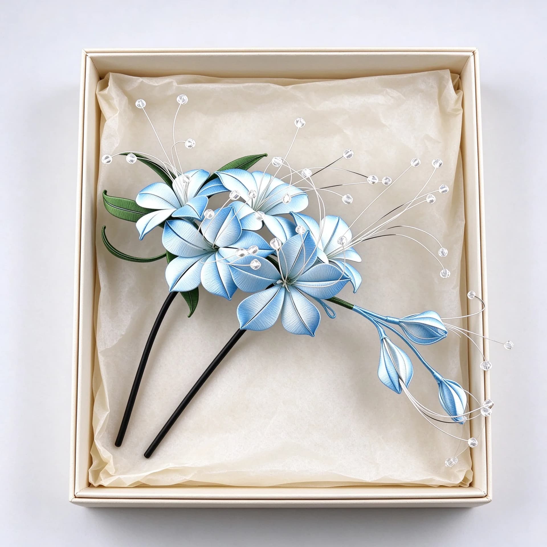 Chanhua blue trailing jasmine hairpin in its gift box