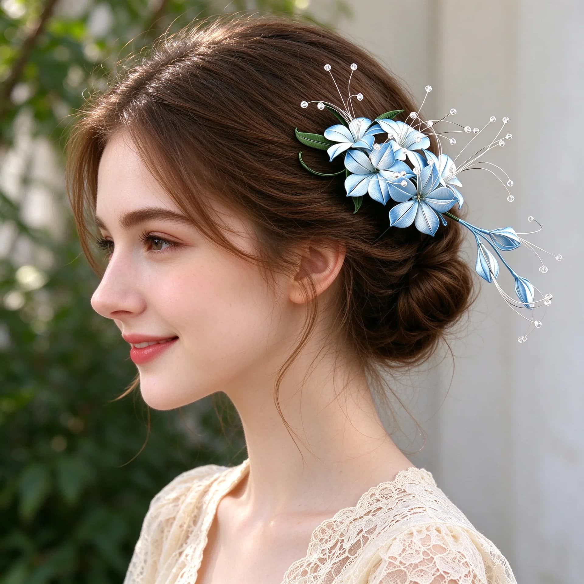 Chanhua blue trailing jasmine hairpin being worn