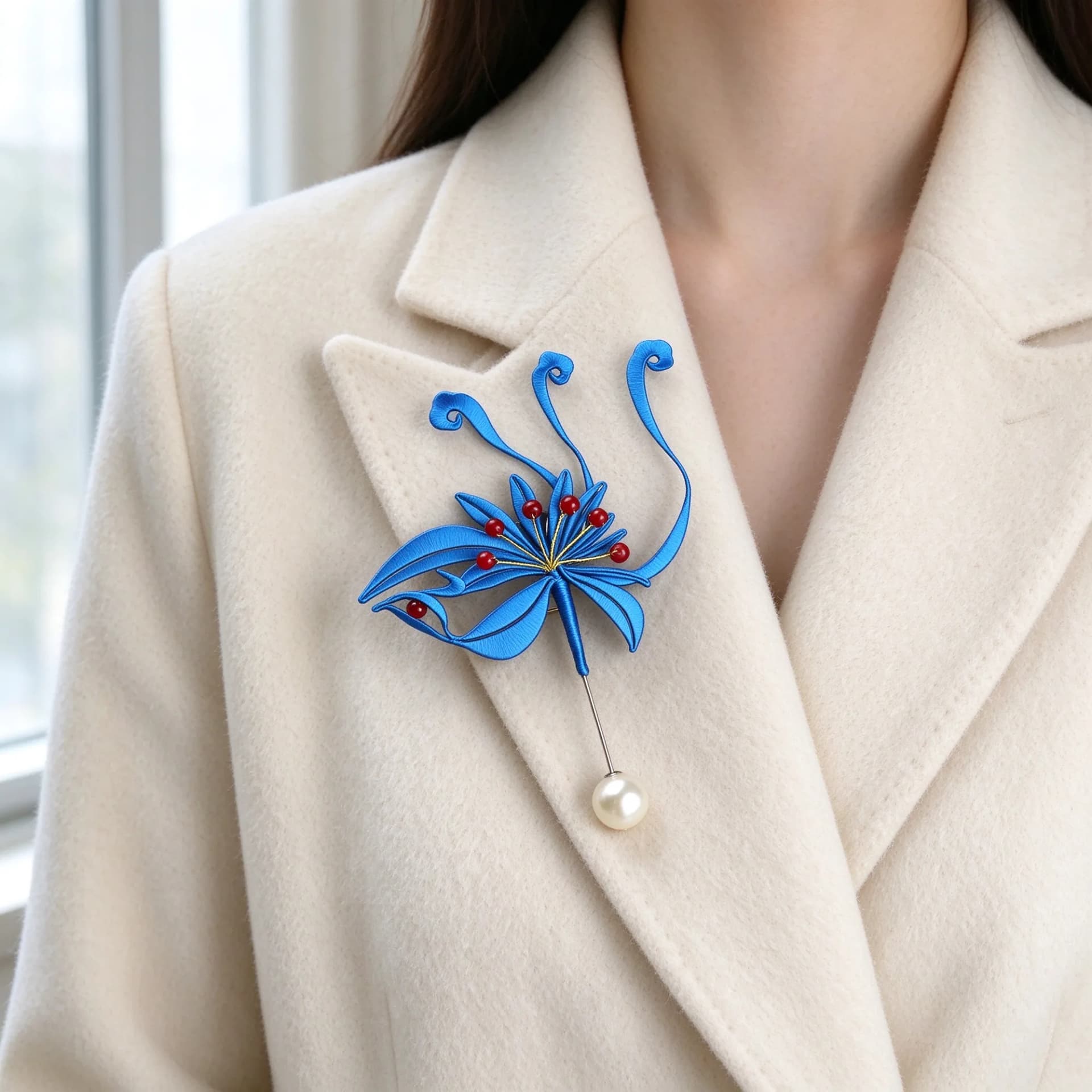 Chanhua blue phoenix brooch kit being worn
