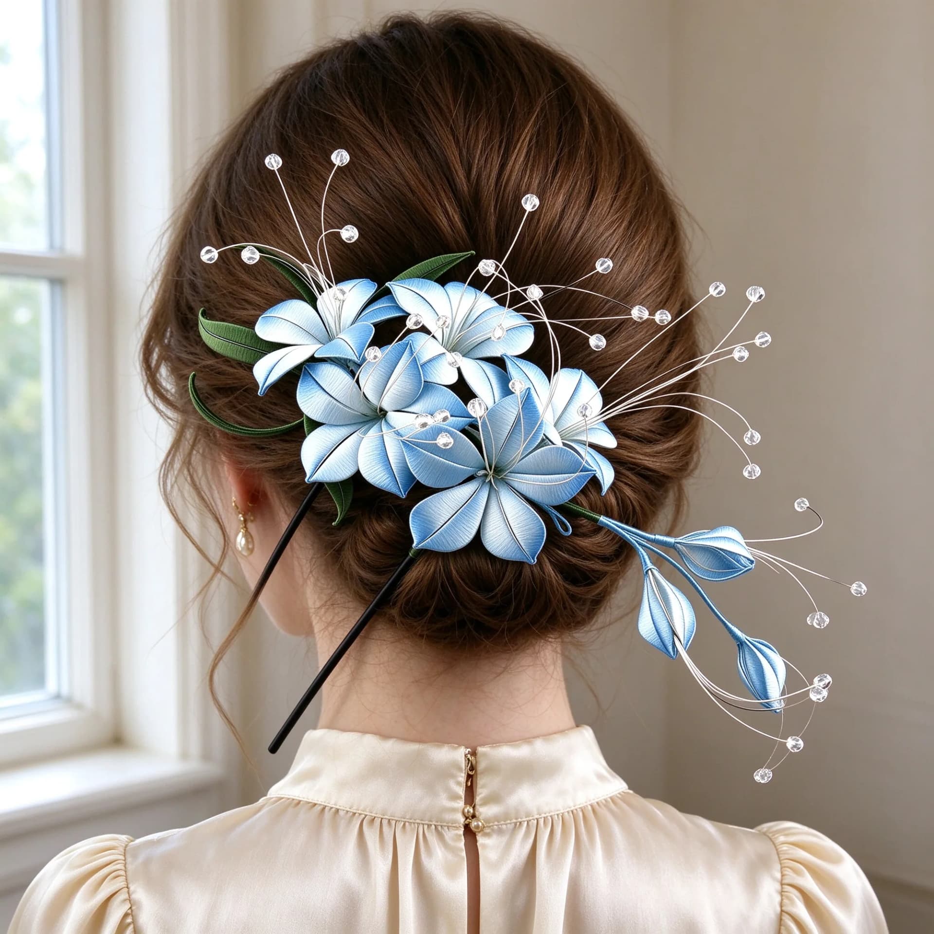 Chanhua blue trailing jasmine hairpin being worn