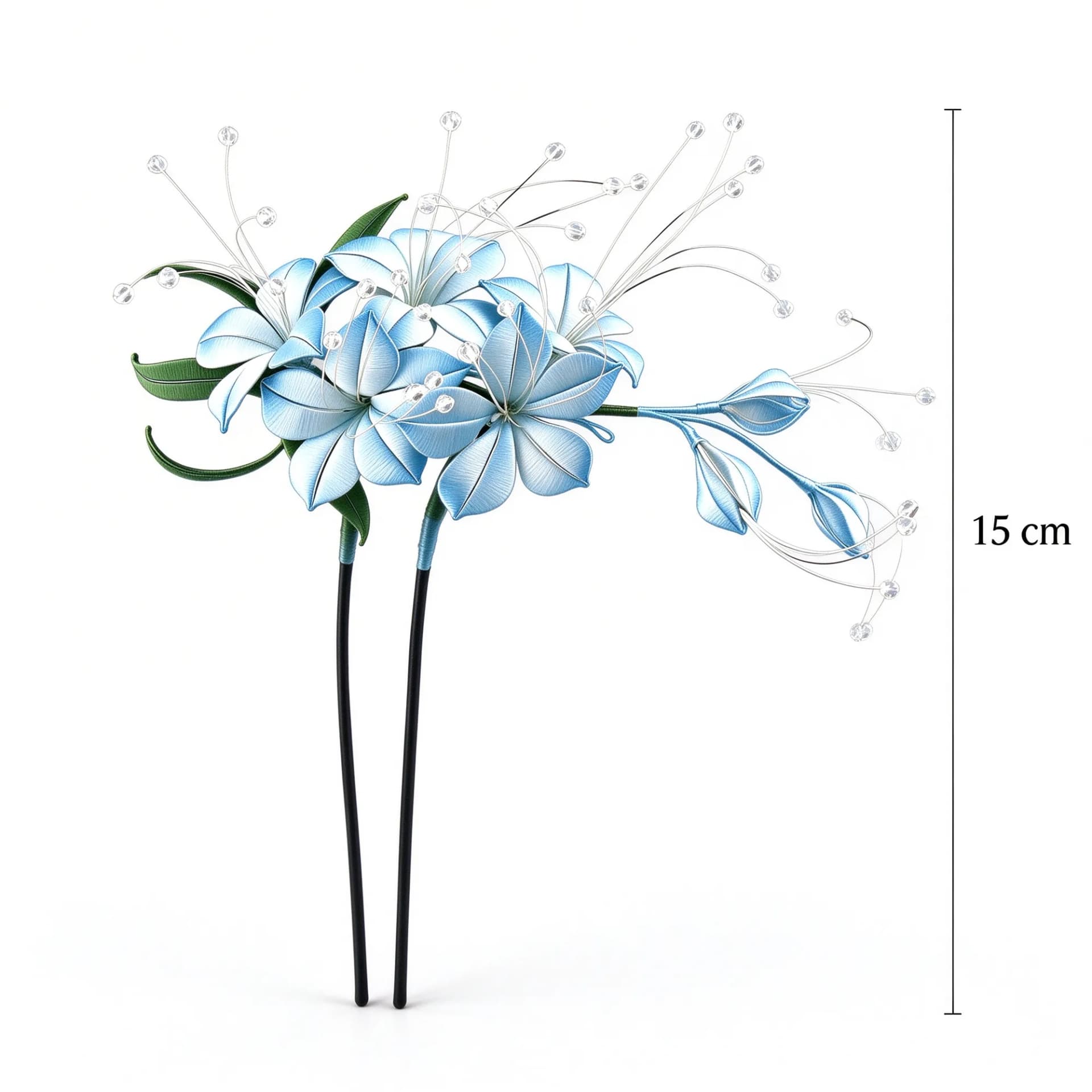 Chanhua blue trailing jasmine hairpin shown with a size reference