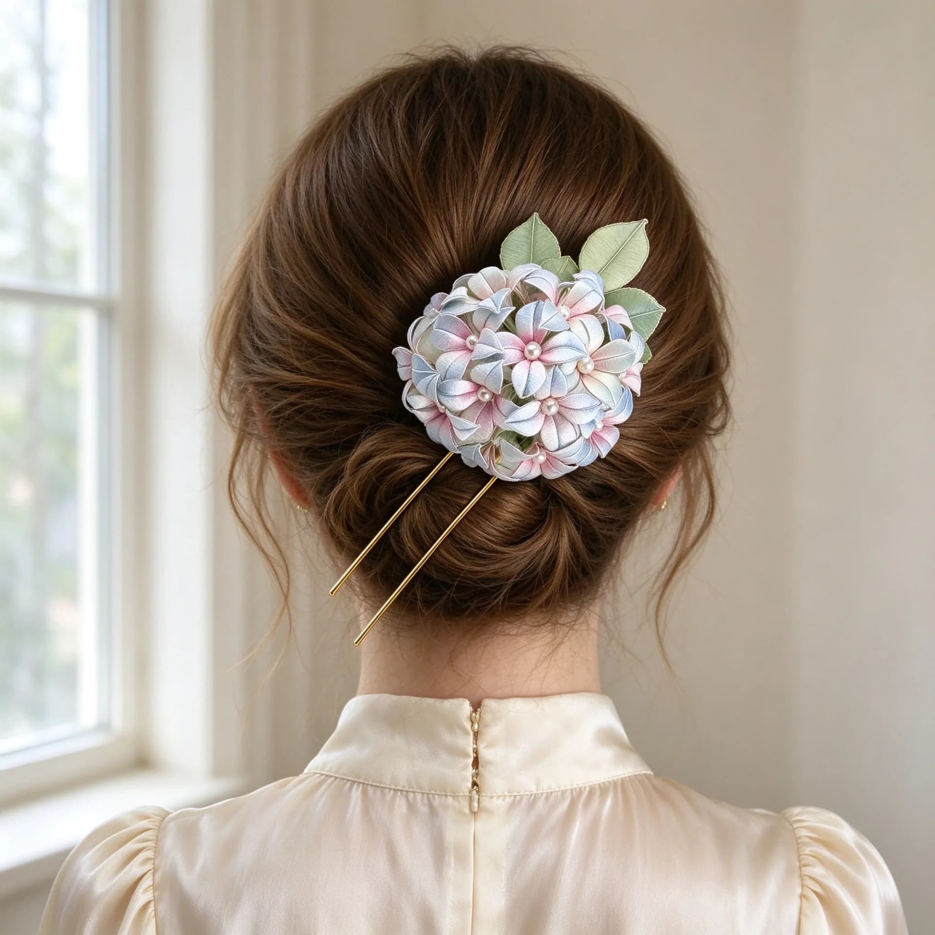Chanhua hydrangea hairpin kit being worn
