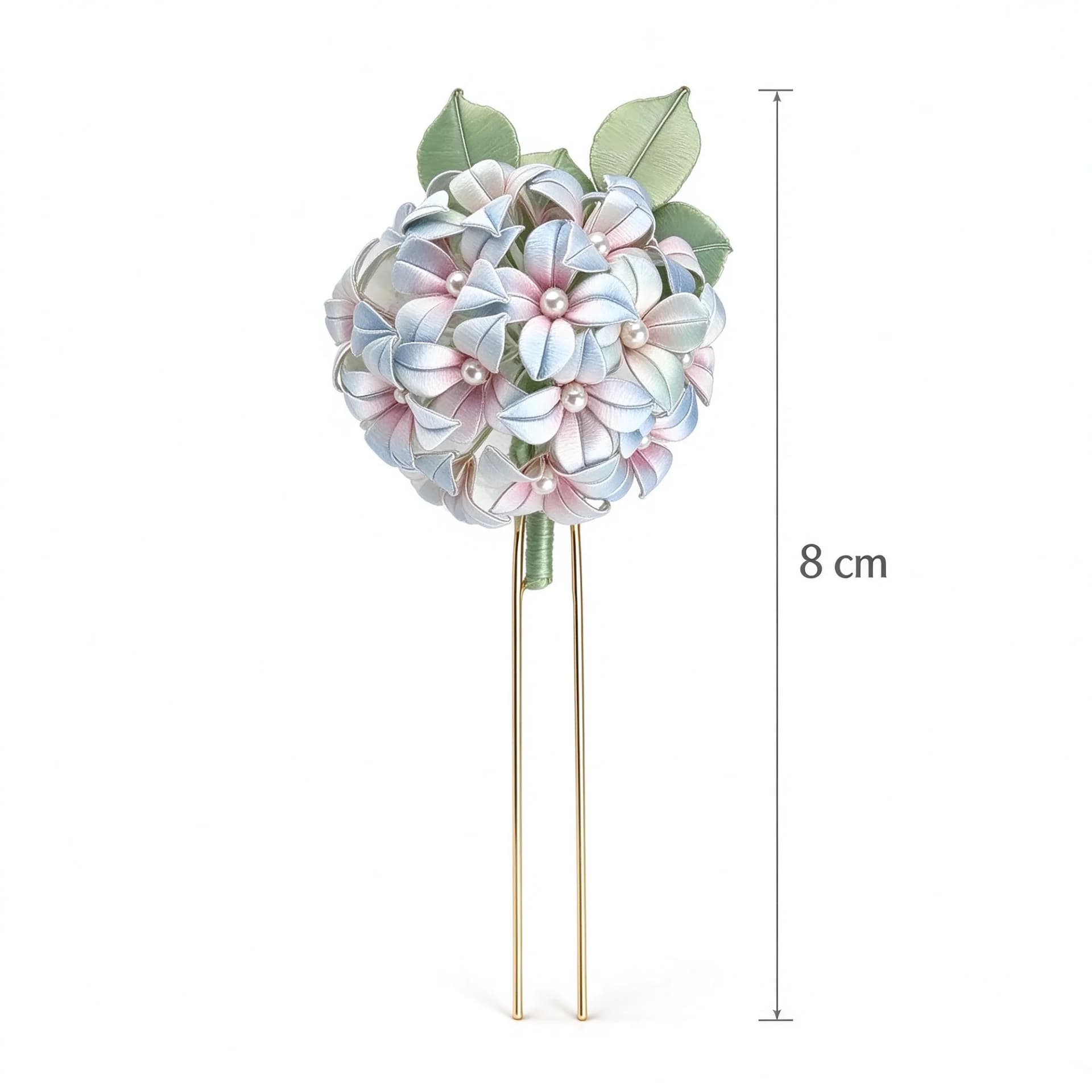 Chanhua hydrangea hairpin kit shown with a size reference