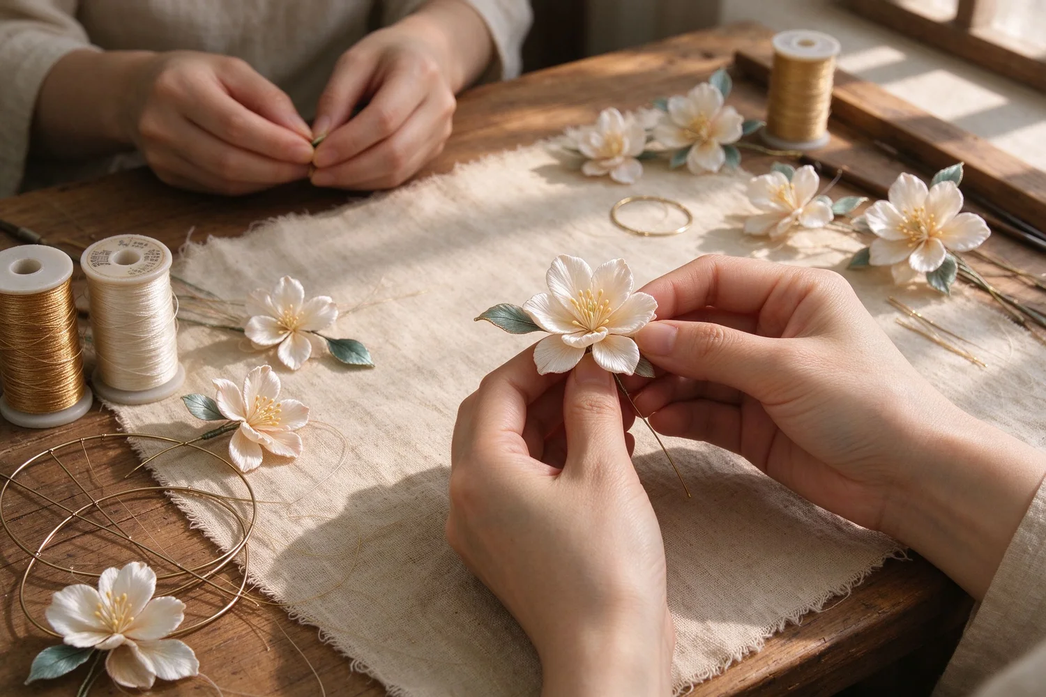 Hands wrapping silk at the workbench in the studio