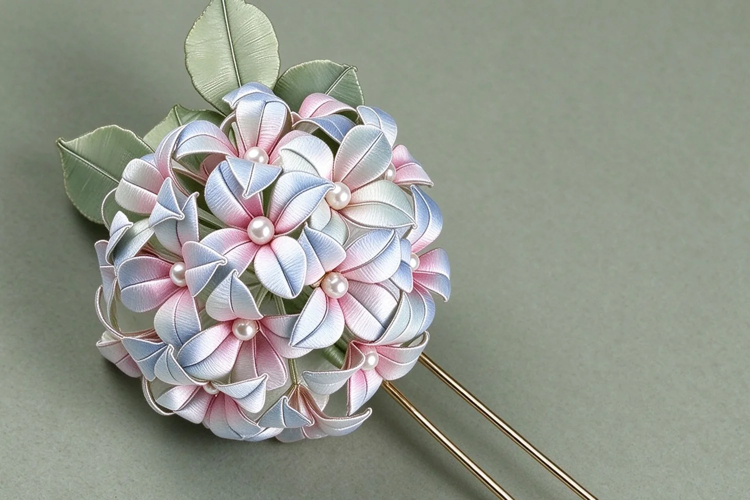 The finished hydrangea hairpin shown in full