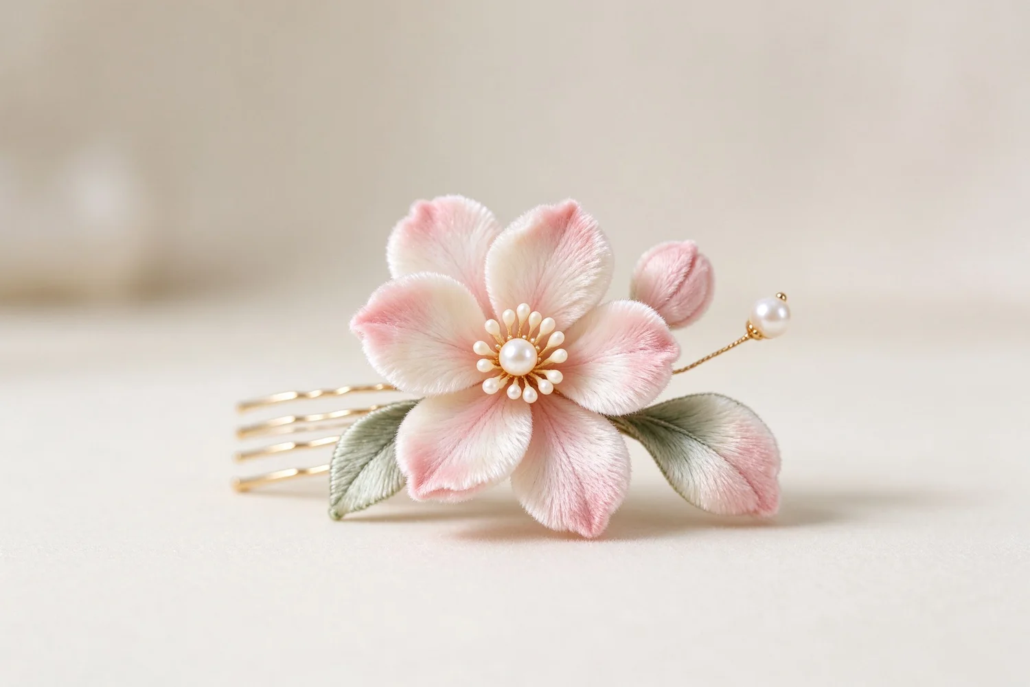 A pink ronghua velvet flower comb styled against a soft off-white background