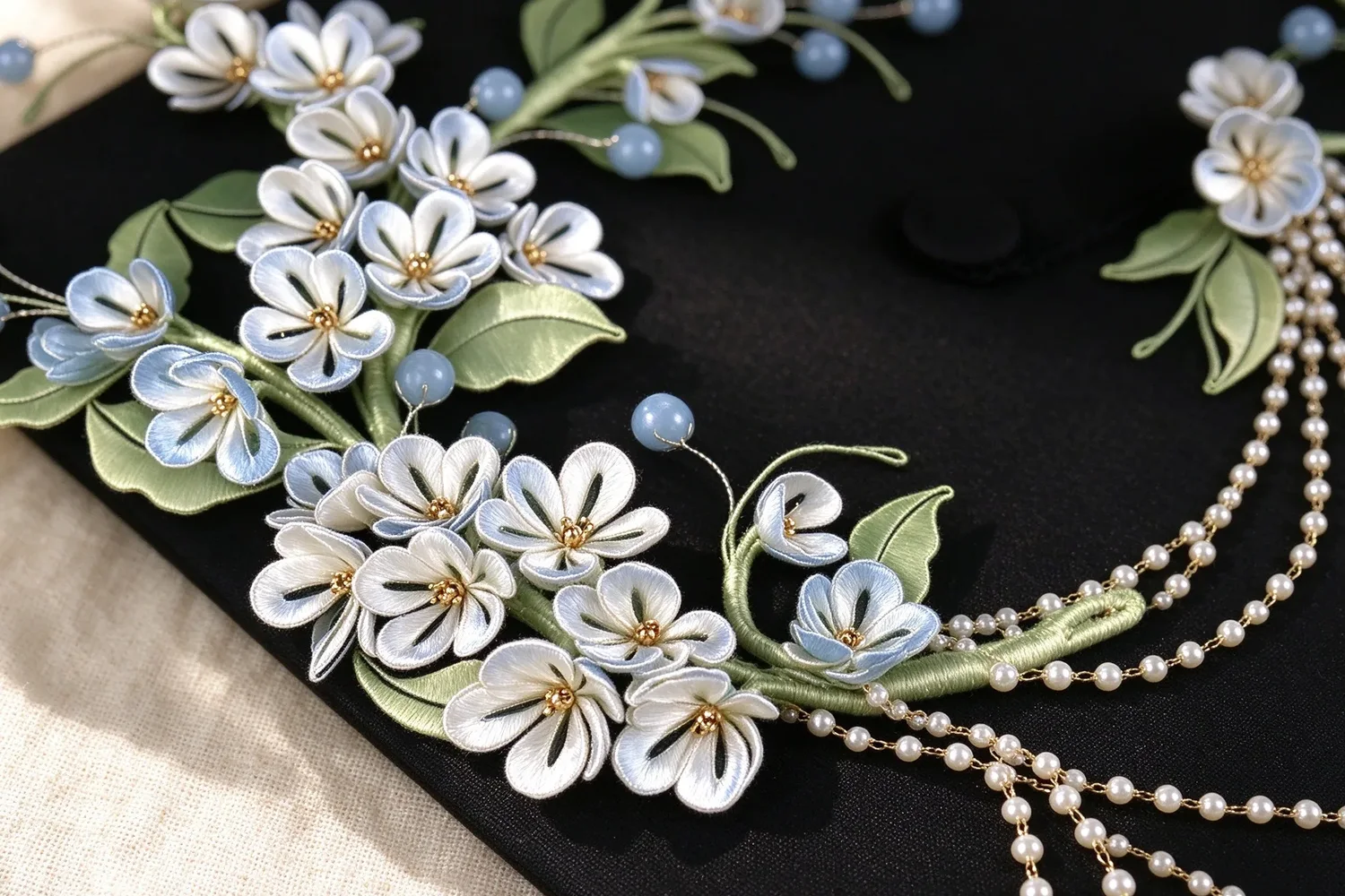 Close-up of the hand-wound silk petals and the pearl chain running along the edge of the graduation cap