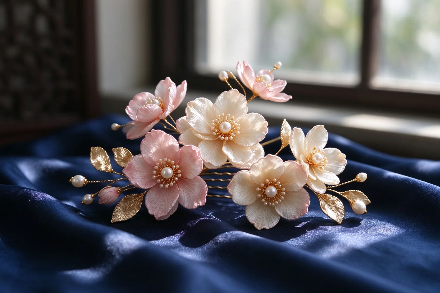 A pink chanhua hairpin resting on deep blue velvet