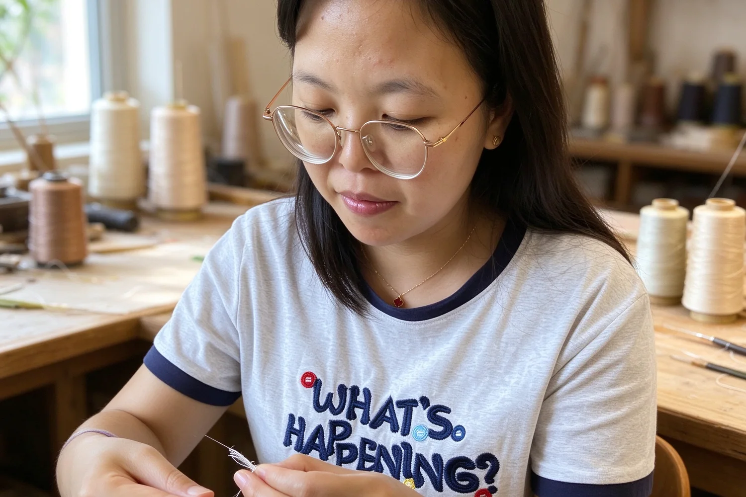 A maker concentrating on a piece of hand-wrapped silk work