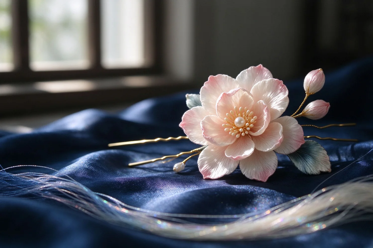 A chanhua hairpin with a full peony bloom photographed on dark velvet