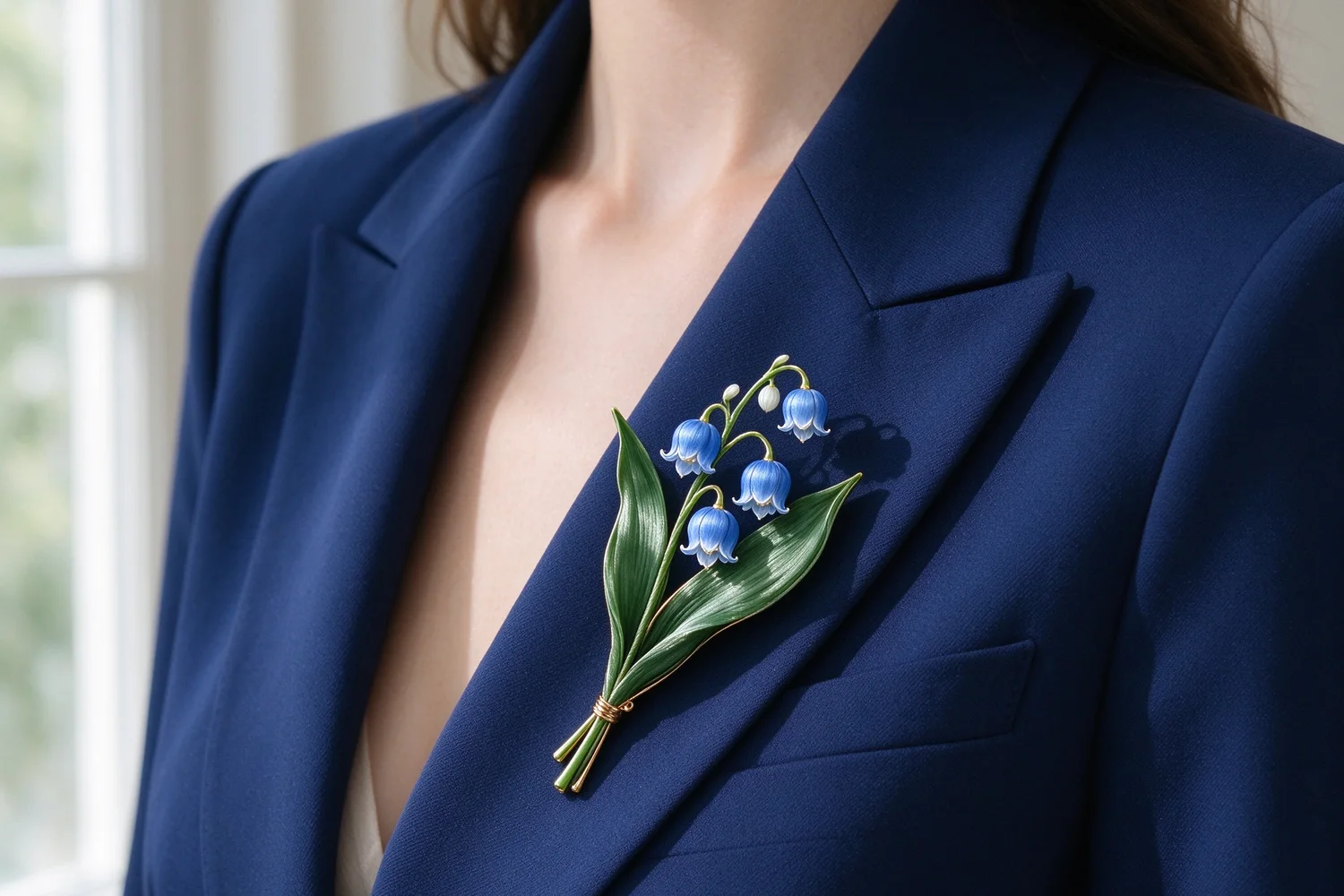 The silk flower piece worn on the lapel of a navy jacket