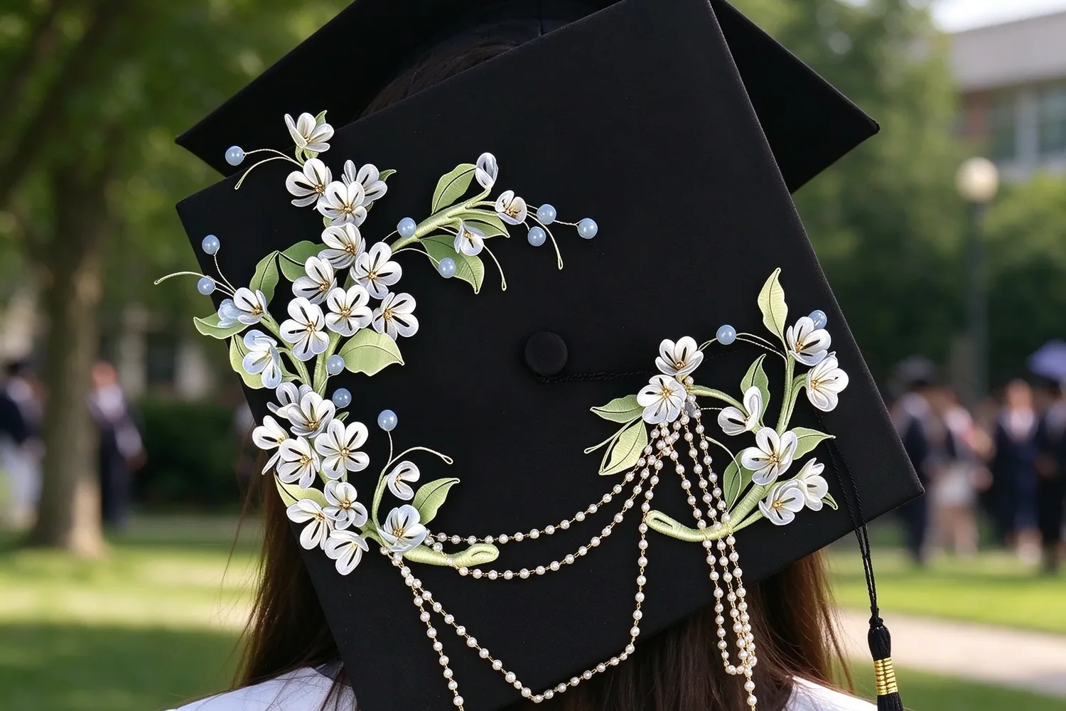 The decorated graduation cap worn on graduation day